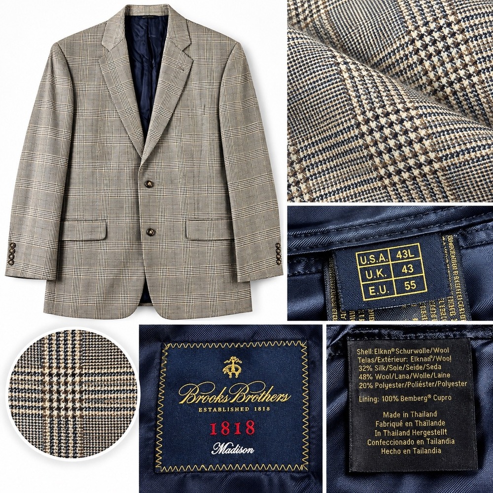 Brooks Brothers Sport Coat Mens 43L Brown Silk Wool Glen Plaid Madison 1818